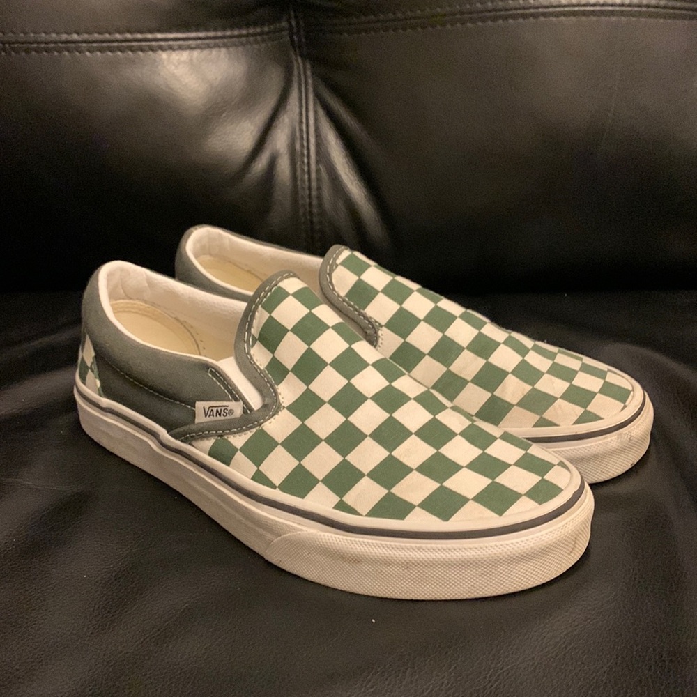 Green and white checkered slip on vans
